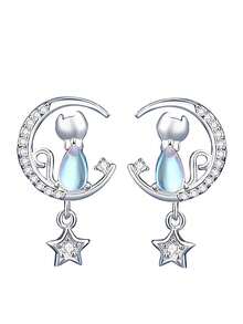 HuooNew 1 Đôi bông tai hình mèo trăng và sao bằng bạc sterling 925, đính đá Zirconia siêu nhỏ, quà tặng unisex - Bạc - Xem 7
