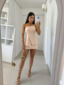 Women's Set Blouse And Shorts Skirt In Tailoring Marrant Women's Fashion Elegant Chic Simple Casual Elegant Zipper Button Pocket Holiday - 卡其色 - 查看 1