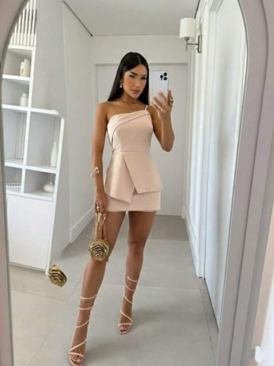 Women's Set Blouse And Shorts Skirt In Tailoring Marrant Women's Fashion Elegant Chic Simple Casual Elegant Zipper Button Pocket Holiday - 卡其色 - 查看 1