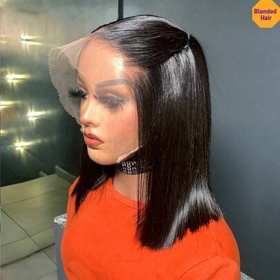 女士短款波波头假发，13x4透明蕾丝前假发，逼真发际线，180%密度，耐热合成纤维混纺真人发，自然黑色，骨白色直发，8英寸-34英寸