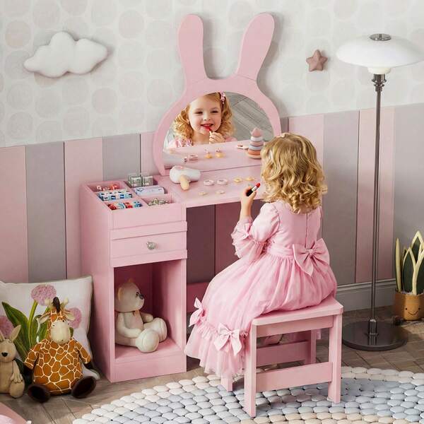 J- Tocador para niñas, tocador rosa con taburete con espejo para niños de 3,4,5,6,7,8 años, regalo de cumpleaños para habitación infantil