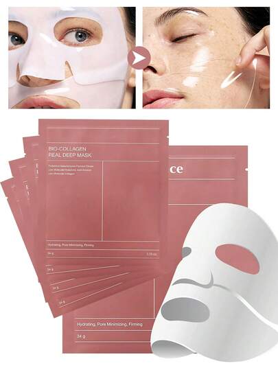 6片装胶原蛋白深层补水面膜 - 蕴含玻尿酸和烟酰胺，不含酒精，胶原蛋白面膜，具有补水、抗衰老、夜间面膜、提亮肤色、收缩毛孔的功效，适合所有肤质，浅米色，适合学生，情人节礼物
