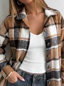 Women's Brown Plaid Flannel Shirt Jacket, Button Down With Turn Down Collar, Oversized Long Sleeve Shacket For Fall Layering & Streetwear - Deep Apricot - 查看 3
