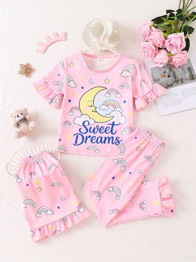 3pcs Girls Pajama Set, Featuring Star, Moon And Rainbow Print, Round Neck Ruffle Trim Short Sleeve, Comfortable Casual Sleepwear