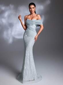 Đầm dạ hội/đầm cưới cao cấp, sang trọng, nhẹ nhàng, màu xanh khói mờ, đính sequin lấp lánh, xếp ly, trễ vai, chất liệu voan voan, thắt dây chéo, hở lưng, dáng đuôi cá. - Màu xanh nhạt - Xem 4