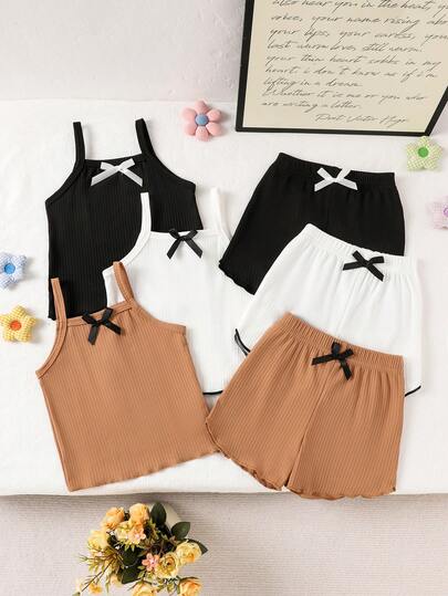 3pcs/Set Baby Girls' Casual 3D Bow Decor Solid Color Camisole And Shorts Set, Summer