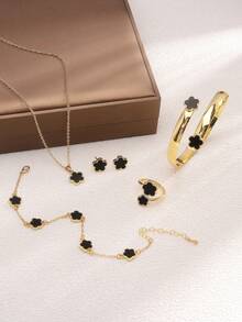 一套时尚金属五叶草花朵手链、项链、耳环、戒指、手镯，优雅女士首饰套装 - 五葉花款 - 查看 3