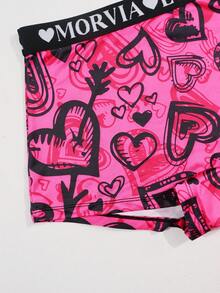 Dircho 1条女士亮粉色涂鸦爱心印花平角短裤，舒适弹力混纺面料，带LOVE字母松紧腰带 - 彩色 - 查看 6