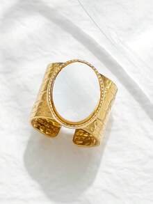 Mazuer 1pc 18K Gold Plated Oval Wide Adjustable Ring, Vintage Elegant Stainless Steel Jewelry For Women, Suitable For Party, Daily Wear, Gifts - White + Golden Yellow - View 4