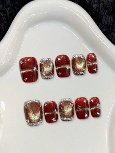 10Pcs Star Pattern Red Gold Glitter False Nails For Party Wedding And Daily Use