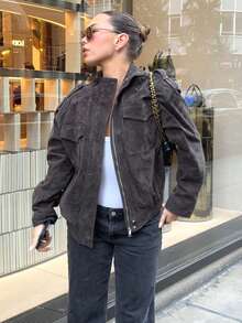 Women's Suede Jacket, Winter Coat, Long Sleeve Top, Button-Up Jacket, Zip-Up Bomber Jacket, Streetwear Top - Dark Grey - View 6