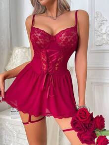 Black Lace Corset Babydoll Lingerie Set With Sheer Mesh Skirt & Garter Straps - 酒紅色 - 查看 1
