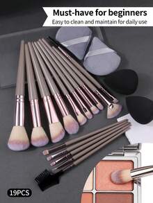 19件套香槟色化妆刷套装，包括散粉刷、腮红刷、粉底刷、眼影刷、遮瑕刷、唇刷、眉刷，柔软合成刷毛，全套化妆工具 - 香檳色 - 查看 3