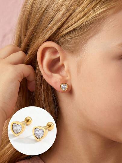 1 Pair Cute & Elegant Stainless Steel Zirconia Heart Decorated Earrings, Children's Jewelry Accessories