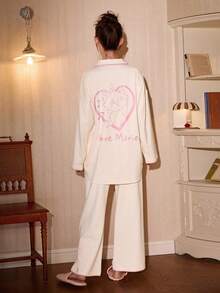 2pcs Disney Marie Cat Print Cotton Long Sleeve Pajama Set For Women, Spring/Autumn - White - View 2