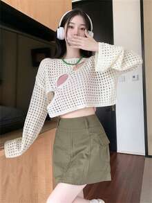 2026 Summer White Cutout Crochet Elegant Sweet Casual Street Y2K Long Bell Sleeve Crew Neck Hollow-Out Slim-Fit Crop Sweater, Perfect For Valentine's Day/Women's Day/Mother's Day/Casual Hangout/Beach Vacation/Party Gathering - Apricot - View 4