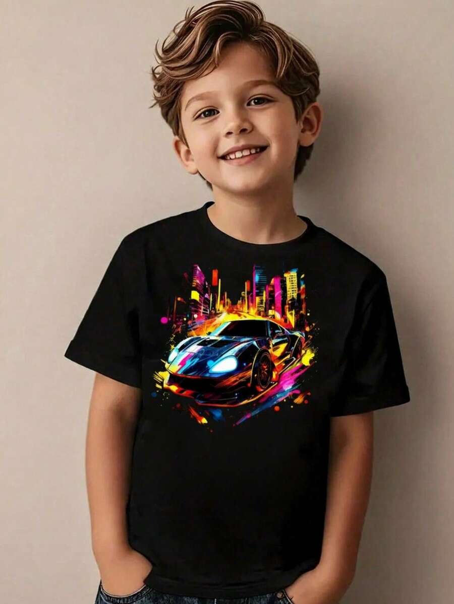 Divertida camiseta infantil estampada en tejido de algodón suave, manga corta y cuello redondo. El regalo perfecto del verano. Para niños y niñas, camisetas de verano imprescindibles, camisetas de manga corta para adolescentes - Negro - Ver 1