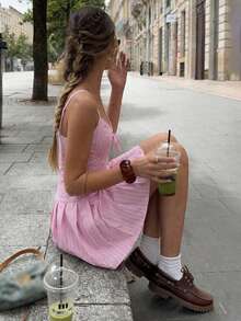 2026春夏新款时尚优雅性感V领吊带腰部褶裥下摆条纹蝴蝶结装饰A字褶裥粉色连衣裙，派对礼服，女士生日装，街头风，女士度假装，女士优雅连衣裙，女士春季连衣裙，女士假日装，夏季连衣裙，春夏过渡装，春季，夏季，海滩，优雅，度假，休闲 - 粉色 - 查看 4