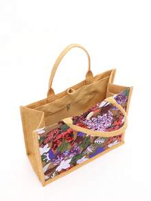 1 chiếc túi tote vải lanh phối lưới và đính sequin nhiều màu sắc, thiết kế thêu hoa lá thời trang, túi đeo vai vuông dung tích lớn, túi mua sắm phong cách thường ngày cho kỳ nghỉ (Họa tiết hoa được phân bố ngẫu nhiên) - Màu tím - Xem 9