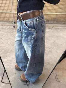 女士时尚铆钉设计直筒牛仔裤 - 藍色 - 查看 5