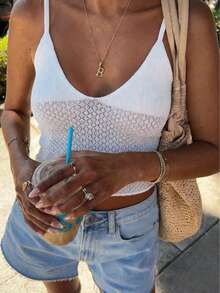 Live To Mo Y2K Sexy Hollow Out Crochet Cami White Top - Perfect For Summer Holiday& Valentine's Day Outfits - White - View 5