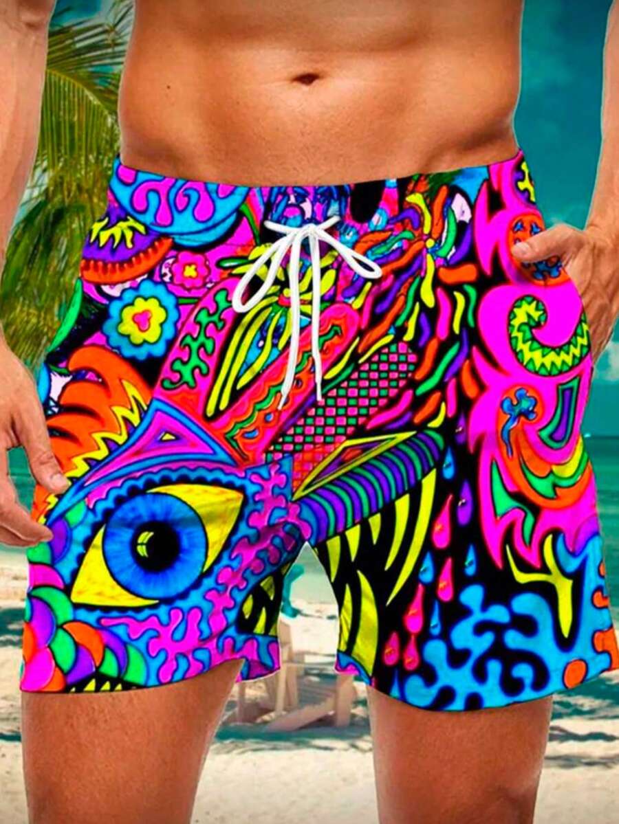 Pantalones cortos casuales de hombre de talla grande con estampado colorido, adecuados para vacaciones y estilo de viaje - Multicolor - Ver 1