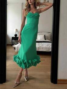 Women's Dresses Solid Color Ruffled Hem Camisole Dress Slim Fit Elegant Evening Gown - màu xanh lá - Xem 3