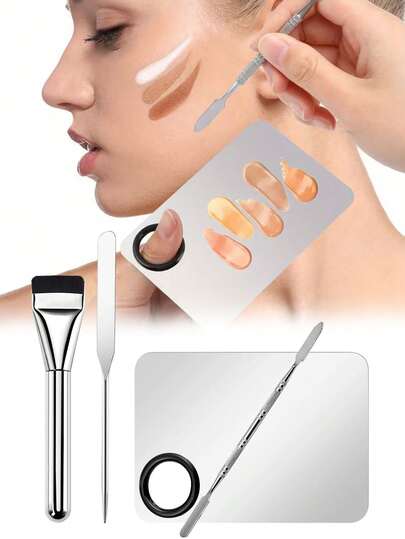 Set de 4 piezas Paleta de maquillaje y kit de herramientas de maquillaje profesional de acero inoxidable, que incluye paleta de maquillaje, espátula, paleta de mezcla de colores para maquillaje profesional, adecuado para maquillaje de pestañas y mezcla de pigmentos profesionales. Herramientas de maquillaje, maquillaje, asequible, decoración de habitación, tocador, viaje, dormitorio, accesorios de maquillaje, económico, relleno de calcetín navideño, maquillaje, herramientas de maquillaje, artículo asequible, regalo, regalo para ella, regalo de Navidad