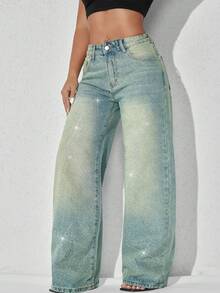 Quần jeans nữ ống rộng cạp thấp màu xanh dương bạc màu, túi xéo, trang trí ngọc trai giả, kiểu dáng thường ngày, thích hợp cho mùa xuân. - Màu xanh Ô liu - Xem 6