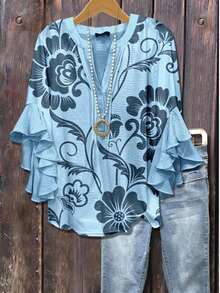 Women's Leopard & Floral Print Ruffle Sleeve Blouse - V-Neck Button- Shirt With Ruffled Hem-Like Collar, 7/8 Length Non-Stretch Top For Spring Summer Fall, Casual & Dressy Wear (Leopard & Botanical Patterns) - Hand Wash/Dry Clean - Dusty Blue - View 2