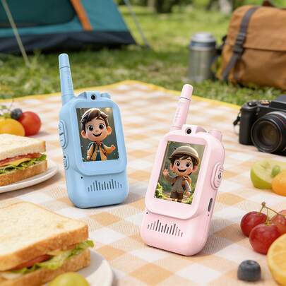 2026升级版儿童视频对讲机，2.4G无线双向无线电，高清屏幕，远距离，便携式，适合户外露营、后院游戏、生日礼物和假日家庭活动（蓝色和粉色，2个装）