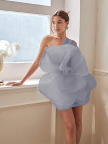 Đầm lệch vai hở lưng với họa tiết hoa hồng 3D, táo bạo và phá cách, phù hợp làm đầm dạ hội, trang phục mùa xuân/hè cho phụ nữ dự tiệc cưới. - xám xanh - Xem 8