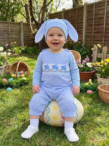 Conjunto de Pascua para bebé niño: pelele de manga larga liso, peto a cuadros con conejito, pantalones y gorro con orejas. Conjunto de primavera de 3 piezas. - Azul - Ver 1