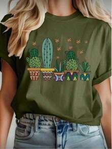 Camiseta Feminina Blusa T-Shirt Básica Estampada Cactos 100% Algodão Moda Feminina - Verde Militar - Visão 1
