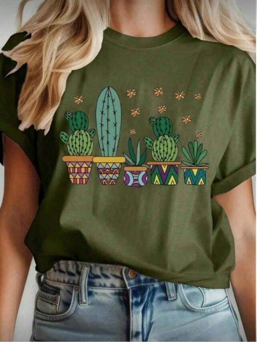 Camiseta Feminina Blusa T-Shirt Básica Estampada Cactos 100% Algodão Moda Feminina - Verde Militar - Visão 1