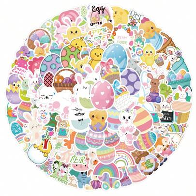 100 piezas/Paquete Pegatinas de huevos de conejo de Pascua, Decoraciones de Pascua, Pegatinas de arte y graffiti estético de Pascua, Resistentes al agua para portátil, teléfono, coche, monopatín, botella de agua, planificador, cuaderno