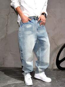 男士复古美式水洗浅蓝色宽松直筒牛仔裤 - 淺色水洗藍 - 查看 4