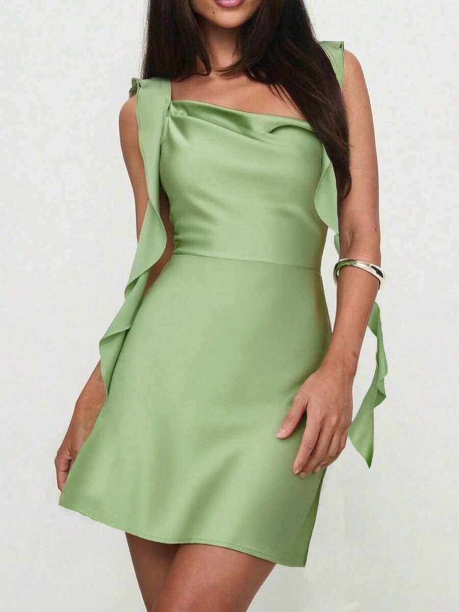 Đầm dự tiệc mùa hè mới, không tay, hở lưng, xếp ly, màu xanh lá cây, kiểu dáng thanh lịch, cổ vuông, hở lưng dành cho nữ. - Màu xanh Bạc hà - Xem 1