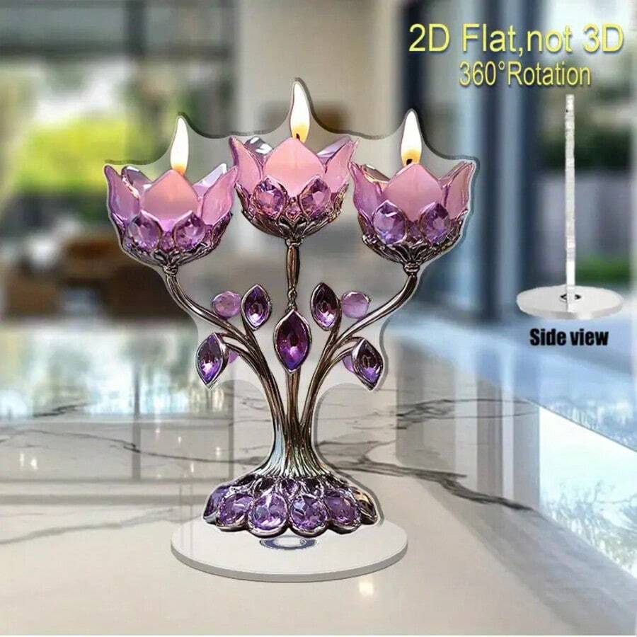2D平面旋转亚克力烛台，紫水晶底座，粉色蜡烛 - 2D平面印刷装饰品，适用于家居氛围、父亲节礼物、万圣节装饰、复活节、情人节、毕业典礼 - 无需用电，蜡烛装饰，节日装饰，奇幻灵感设计，适用于11个节日 - 多色 - 查看 1