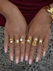 6pcs/Set 304 Stainless Steel Zirconia Inlaid Rings, 18K Gold Plated Rings, INS Style Personalized Accessories, High-End Feeling Rings, Best Choice For Holiday Gifts And Daily Matching, Suitable For Daily Gatherings And Parties, Best Gift For Girlfriend And Wife - Multicolor - View 2
