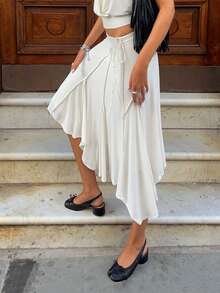 Vacation Style Chic Asymmetric Hem Skirt, Fashionable White Minimalist Side Tie Skirt Spring - White - View 2