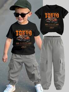 Young Boy Cartoon Print Round Neck Short Sleeve Top And Cargo Pants Set - Black - View 1