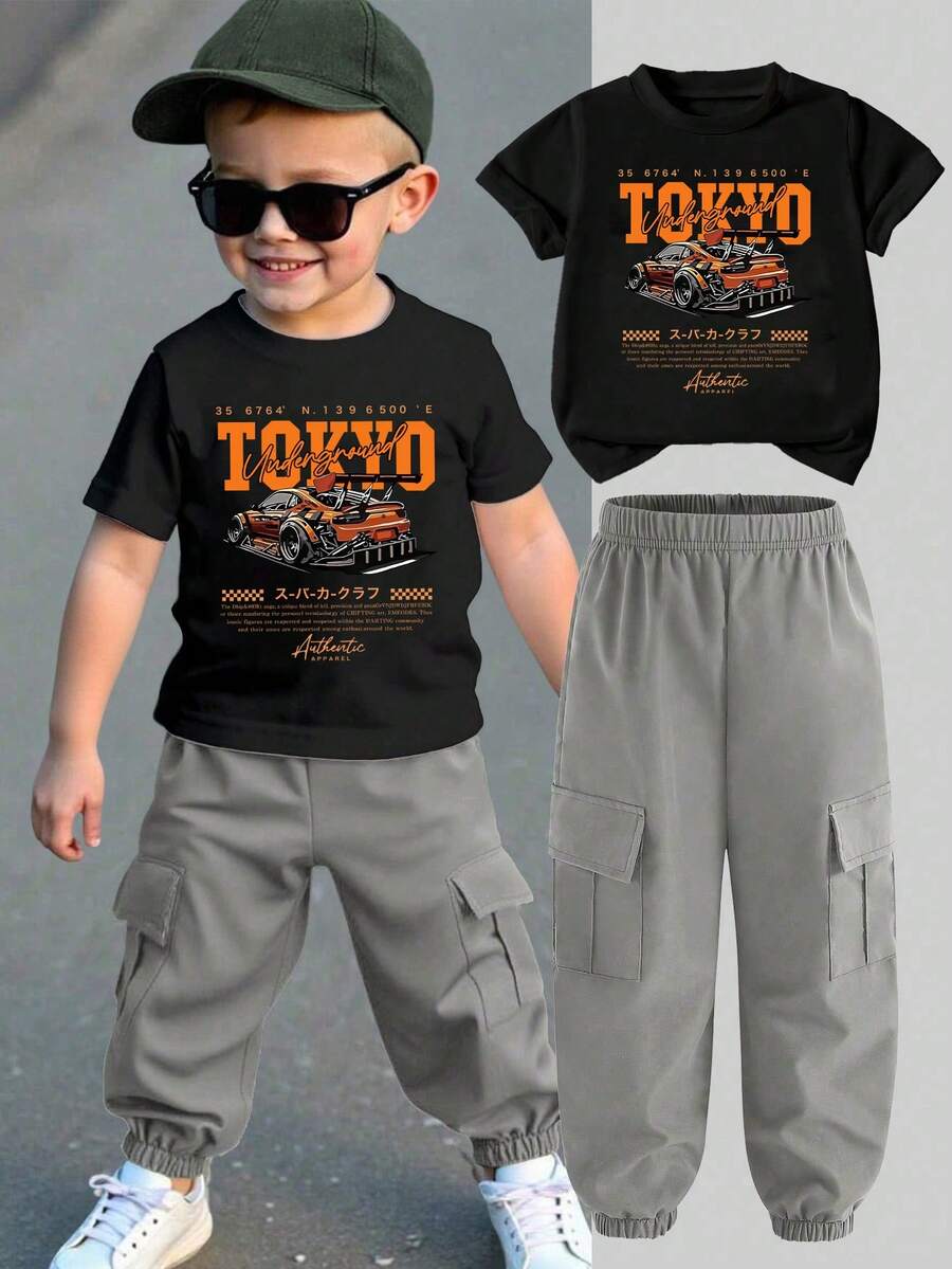 Young Boy Cartoon Print Round Neck Short Sleeve Top And Cargo Pants Set - Black - View 1