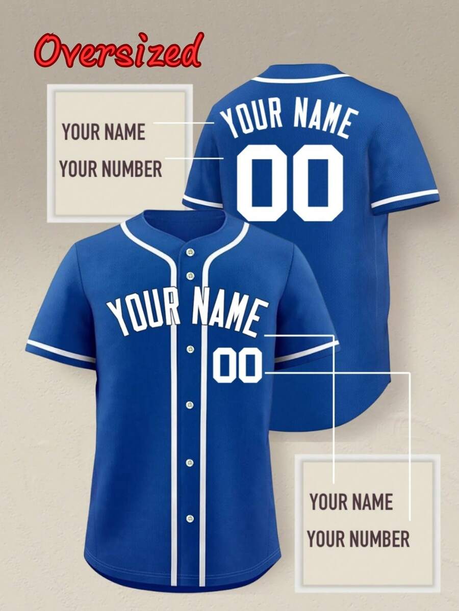 Customizable Plus Size Baseball Sports Shirt For Men, Personalized With Name & Number, Team Name, Free Design, Fast Delivery, Suitable For Outdoor Sports, Casual Wear, Gatherings Summer - 藍色 - 查看 1