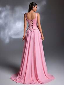 A Pink Rhinestone-Embellished Square Neck Peplum Lace-Up Chiffon Train Court-Style Luxury Evening Gown - Pink - View 2