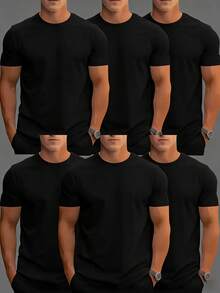6-Piece Unisex Solid Color T-Shirt Set Neutral Casual Short-Sleeve Crew Neck Style 100% Polyester Fiber Soft And Cute Tops Comfortable And Breathable Essential For Outings And Sports, Gifts For Boyfriend. Butfits For Men, Camiseta Para Hombre. - 黑色 - 查看 1