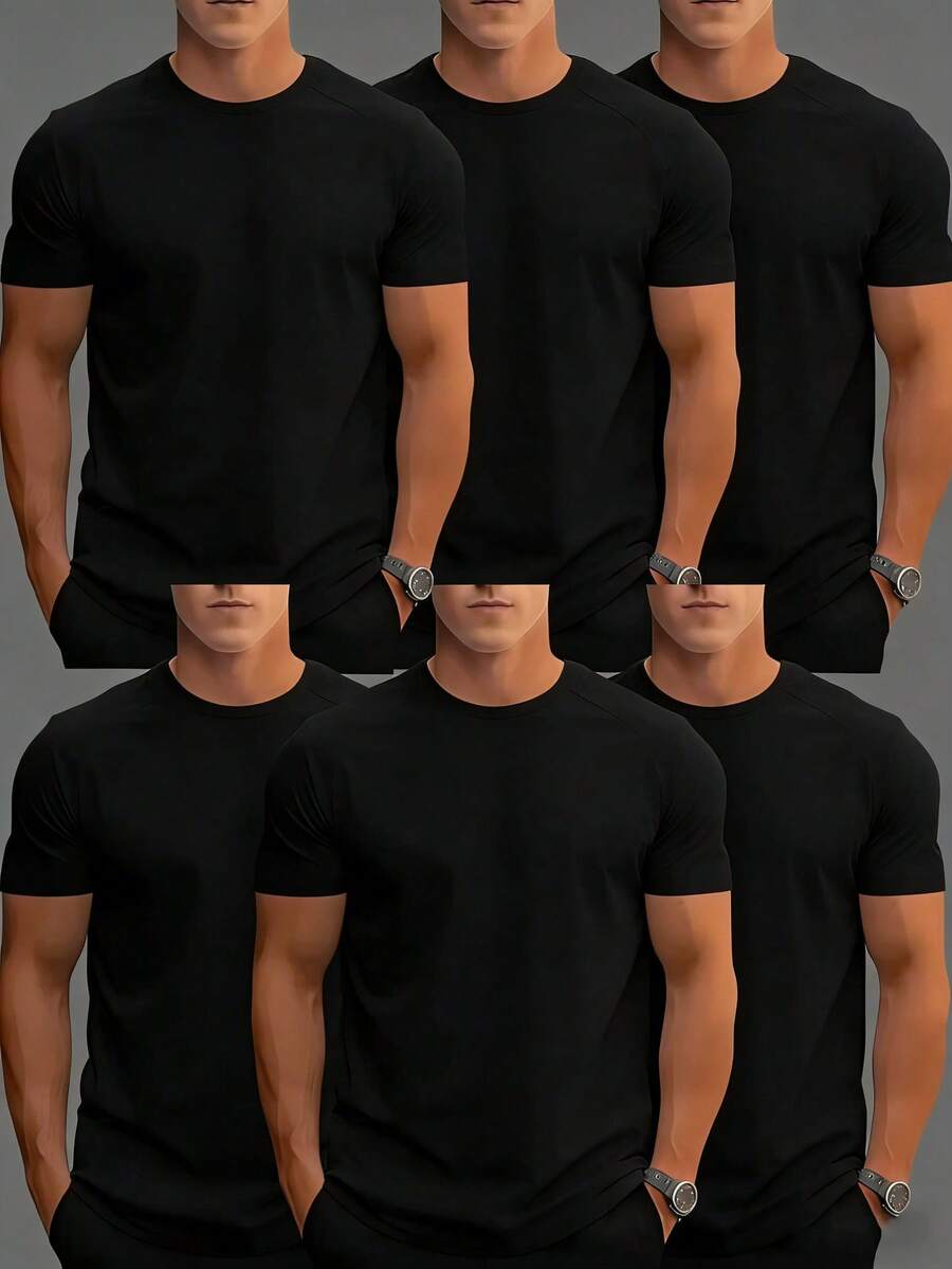 6-Piece Unisex Solid Color T-Shirt Set Neutral Casual Short-Sleeve Crew Neck Style 100% Polyester Fiber Soft And Cute Tops Comfortable And Breathable Essential For Outings And Sports, Gifts For Boyfriend. Butfits For Men, Camiseta Para Hombre. - 黑色 - 查看 1