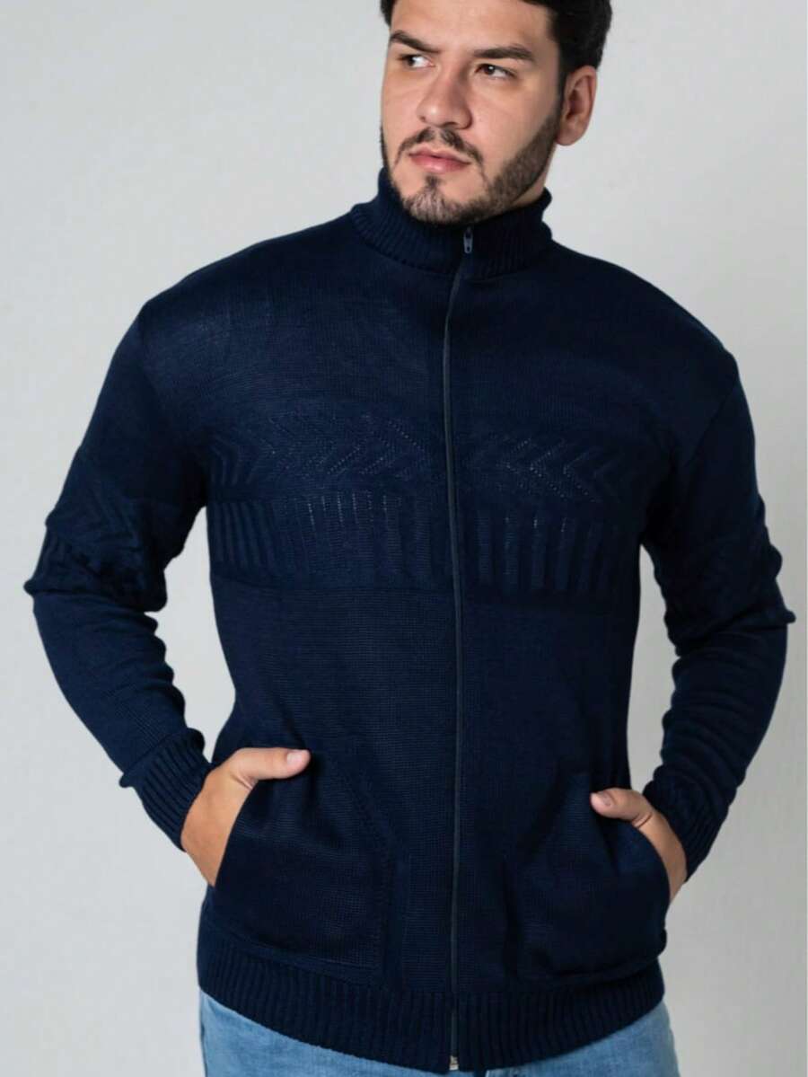 Men's Knitted Cardigan With Zipper And Pocket, Winter Sweater - 藏蓝色 - 查看 1