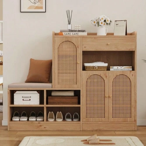 Shoe Cabinet With Upholstered Bench, 3 Woven Rattan Doors And 1 Drawer. Multifunctional Storage Unit With Shoe Rack For The Entryway. Wood Effect. Dimensions: 142 Cm (Width) X 35 Cm (Depth) X 110 Cm (Height). - Wood Color - View 1