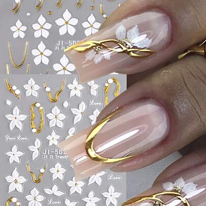2pcs 5D French Lily Flower Nail Stickers - White Floral & Geometric Patterns, Gold Frames, Cherry Blossom Design, Self-Adhesive Acrylic Raised Sliders, Nail Art Supplies | Elegant Nail Decor | Refined Nail Art